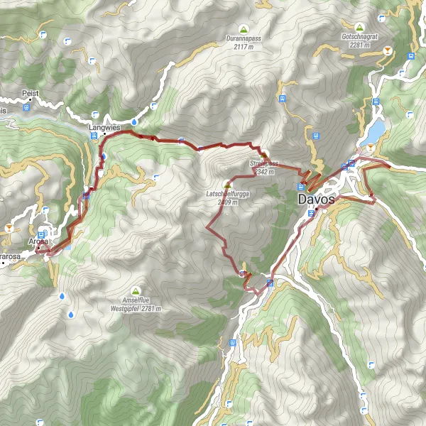 Map miniature of "Langwies-Davos Gravel Loop" cycling inspiration in Ostschweiz, Switzerland. Generated by Tarmacs.app cycling route planner