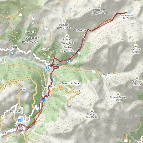 Miniatua del mapa de inspiración ciclista "Ruta de Grava por Langwies y Durannapass" en Ostschweiz, Switzerland. Generado por Tarmacs.app planificador de rutas ciclistas