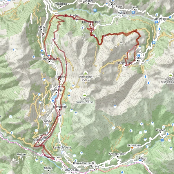 Map miniature of "Arosa - Tschiertschen Loop" cycling inspiration in Ostschweiz, Switzerland. Generated by Tarmacs.app cycling route planner