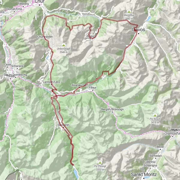 Miniatua del mapa de inspiración ciclista "Aventura en Grava por Davos y Tiefencastel" en Ostschweiz, Switzerland. Generado por Tarmacs.app planificador de rutas ciclistas