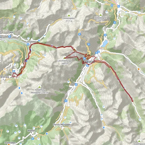 Miniaturekort af cykelinspirationen "Eventyrlig cykelrute til Schatzalp og Teufi fra Arosa" i Ostschweiz, Switzerland. Genereret af Tarmacs.app cykelruteplanlægger
