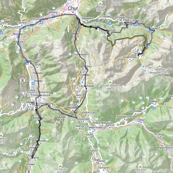 Zemljevid v pomanjšavi "Kolesarska pot okoli Arose" kolesarske inspiracije v Ostschweiz, Switzerland. Generirano z načrtovalcem kolesarskih poti Tarmacs.app