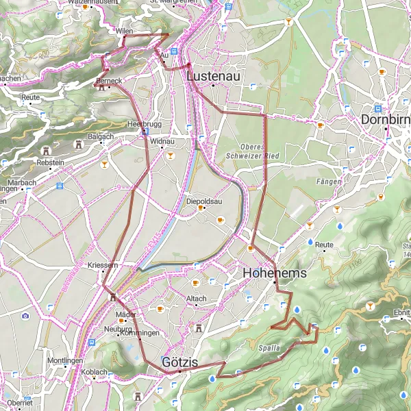 Miniatua del mapa de inspiración ciclista "Ruta de ciclismo de grava cerca de Au" en Ostschweiz, Switzerland. Generado por Tarmacs.app planificador de rutas ciclistas