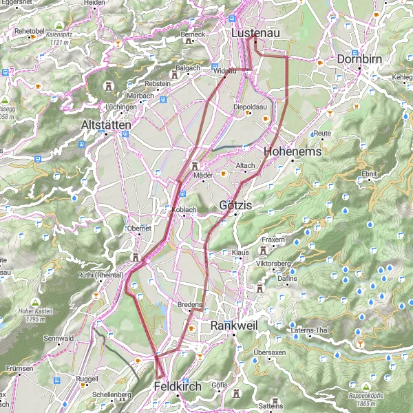 Miniaturekort af cykelinspirationen "Gruscykelrute fra Au til Widnau" i Ostschweiz, Switzerland. Genereret af Tarmacs.app cykelruteplanlægger