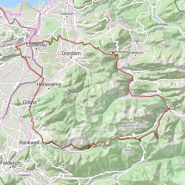Miniatura della mappa di ispirazione al ciclismo "Tour in mountain bike da Lustenau a Diepoldsau" nella regione di Ostschweiz, Switzerland. Generata da Tarmacs.app, pianificatore di rotte ciclistiche