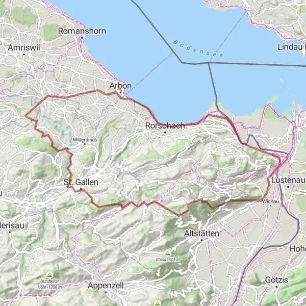 Miniatura della mappa di ispirazione al ciclismo "Avventurati per sentieri selvaggi vicino ad Au" nella regione di Ostschweiz, Switzerland. Generata da Tarmacs.app, pianificatore di rotte ciclistiche