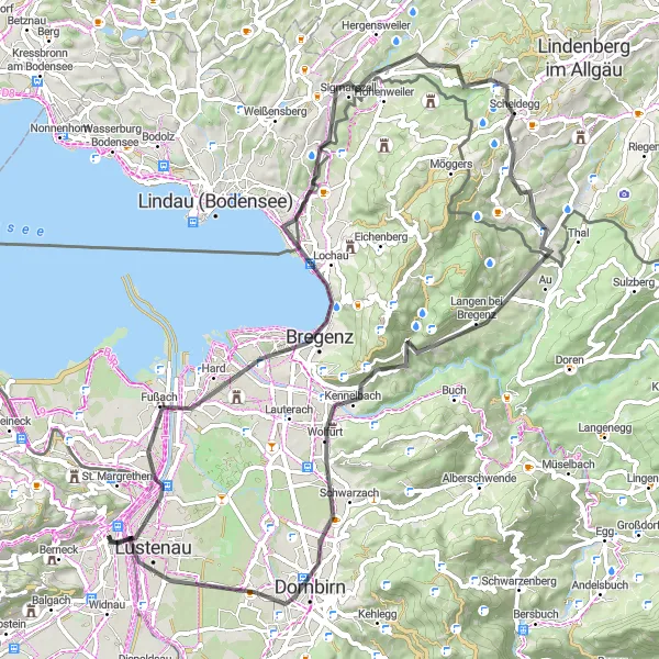 Mapa miniatúra "Cyklotrasa okolo Bregenz a Scheidegg" cyklistická inšpirácia v Ostschweiz, Switzerland. Vygenerované cyklistickým plánovačom trás Tarmacs.app