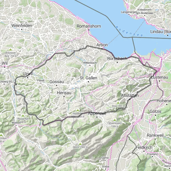 Miniature de la carte de l'inspiration cycliste "Parcours alpin à Appenzell" dans la Ostschweiz, Switzerland. Générée par le planificateur d'itinéraire cycliste Tarmacs.app