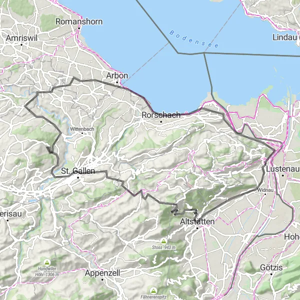 Karttaminiaatyyri "Reitin varrella Rebhüttli - St. Margrethen" pyöräilyinspiraatiosta alueella Ostschweiz, Switzerland. Luotu Tarmacs.app pyöräilyreittisuunnittelijalla