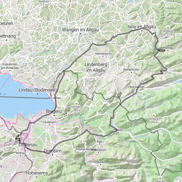 Karttaminiaatyyri "Upea pyöräilyretki Bregenzista Oberstaufeniin" pyöräilyinspiraatiosta alueella Ostschweiz, Switzerland. Luotu Tarmacs.app pyöräilyreittisuunnittelijalla