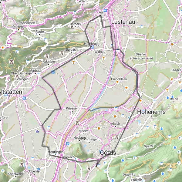 Zemljevid v pomanjšavi "Teren cestnega kolesarjenja z različnimi izzivi" kolesarske inspiracije v Ostschweiz, Switzerland. Generirano z načrtovalcem kolesarskih poti Tarmacs.app