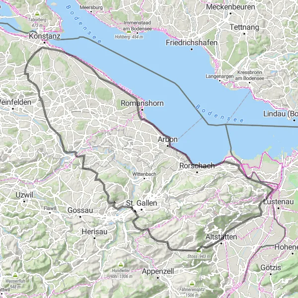 Miniatura della mappa di ispirazione al ciclismo "Attraverso le valli della regione di Rorschach" nella regione di Ostschweiz, Switzerland. Generata da Tarmacs.app, pianificatore di rotte ciclistiche