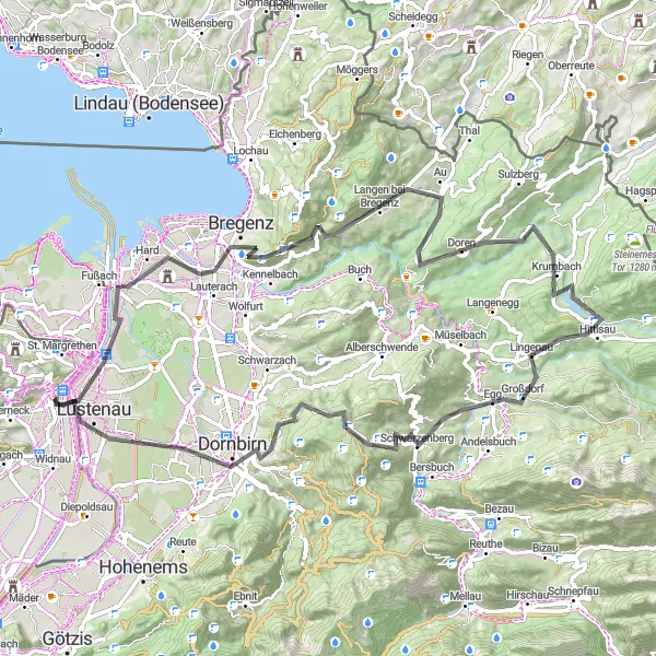 Miniaturní mapa "Trasa Au - Bregenz - Gebhardsberg - Langen bei Bregenz - Dornbirn - Lustenau" inspirace pro cyklisty v oblasti Ostschweiz, Switzerland. Vytvořeno pomocí plánovače tras Tarmacs.app