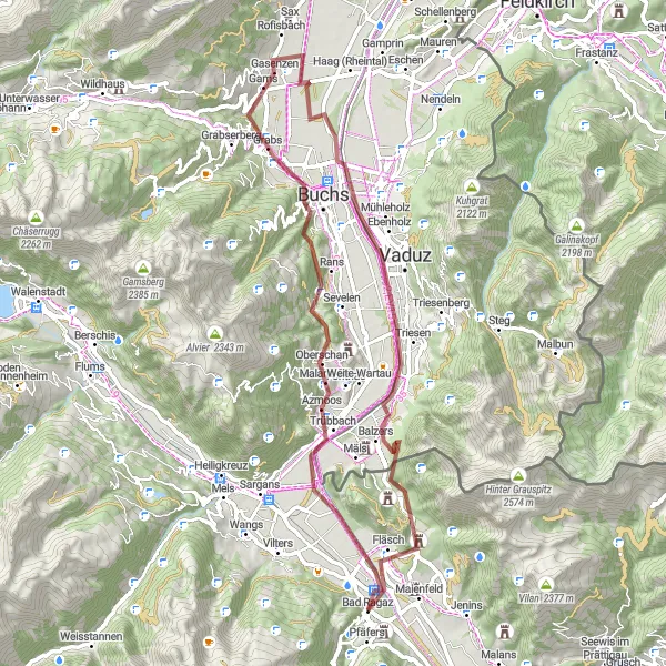 Map miniature of "Gravel Adventure to Fläsch and Back" cycling inspiration in Ostschweiz, Switzerland. Generated by Tarmacs.app cycling route planner