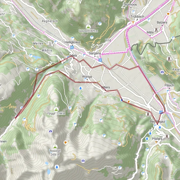 Map miniature of "Scenic Gravel Loop to Tschess-Chopf" cycling inspiration in Ostschweiz, Switzerland. Generated by Tarmacs.app cycling route planner