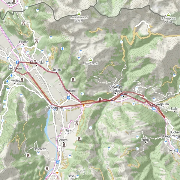 Miniaturní mapa "Gravelový výlet okolo Bad Ragaz" inspirace pro cyklisty v oblasti Ostschweiz, Switzerland. Vytvořeno pomocí plánovače tras Tarmacs.app