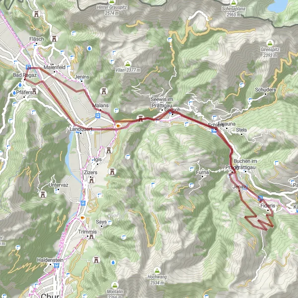 Miniaturní mapa "Epic Gravel Cycling Route near Bad Ragaz" inspirace pro cyklisty v oblasti Ostschweiz, Switzerland. Vytvořeno pomocí plánovače tras Tarmacs.app
