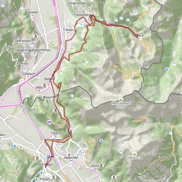 Karttaminiaatyyri "Bad Ragaz - Fläsch - Bad Ragaz Sora-reitti" pyöräilyinspiraatiosta alueella Ostschweiz, Switzerland. Luotu Tarmacs.app pyöräilyreittisuunnittelijalla