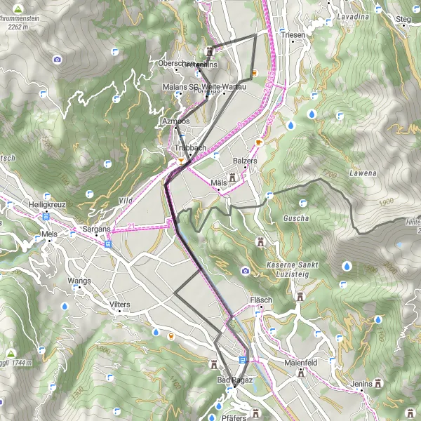 Karttaminiaatyyri "Kulttuuria ja luontoa" pyöräilyinspiraatiosta alueella Ostschweiz, Switzerland. Luotu Tarmacs.app pyöräilyreittisuunnittelijalla