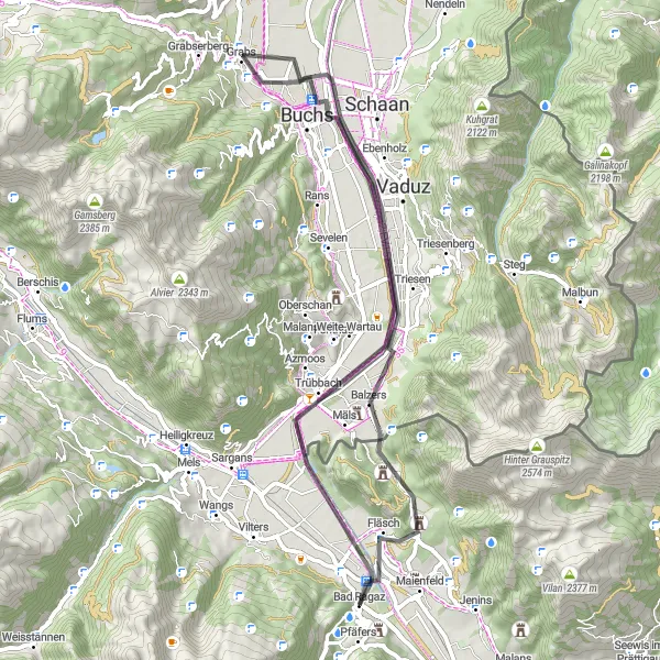 Mapa miniatúra "Cyklistická trasa Bad Ragaz - Sankt Luzisteig - Triesen - Grabs - Trübbach - Ellhorn" cyklistická inšpirácia v Ostschweiz, Switzerland. Vygenerované cyklistickým plánovačom trás Tarmacs.app