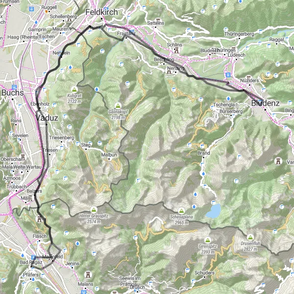 Map miniature of "The Alpine Challenge" cycling inspiration in Ostschweiz, Switzerland. Generated by Tarmacs.app cycling route planner