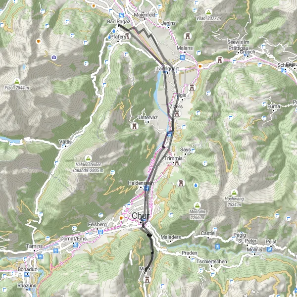 Zemljevid v pomanjšavi "Kolesarjenje skozi zgodovino in naravo" kolesarske inspiracije v Ostschweiz, Switzerland. Generirano z načrtovalcem kolesarskih poti Tarmacs.app