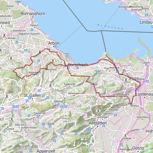 Map miniature of "Off the Beaten Path" cycling inspiration in Ostschweiz, Switzerland. Generated by Tarmacs.app cycling route planner
