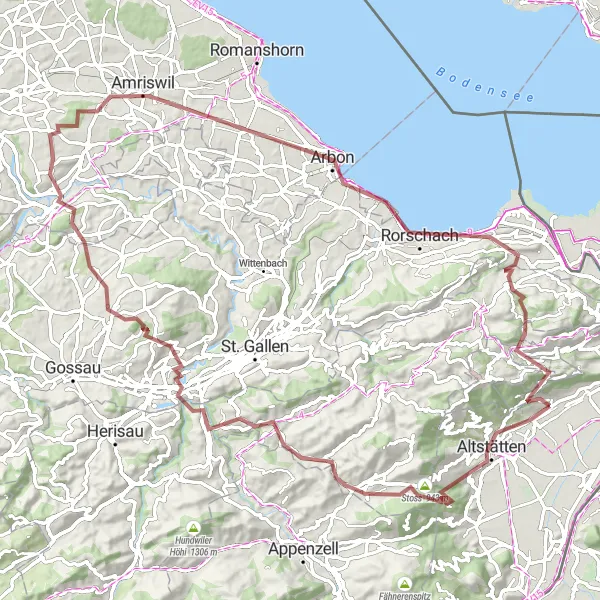 Kartminiatyr av "Balgach - Stoss - Gais - Abtwil SG - Biotop - Amriswil - Arbon - Oberegg - Burg Rebstein - Balgach" sykkelinspirasjon i Ostschweiz, Switzerland. Generert av Tarmacs.app sykkelrutoplanlegger