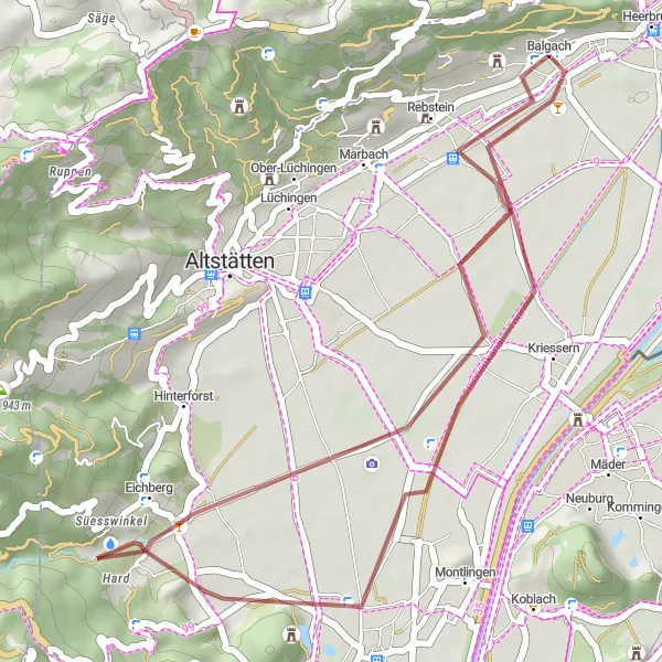 Karttaminiaatyyri "Beobachtungsturm Spitzmäder - Rebstein Gravel Route" pyöräilyinspiraatiosta alueella Ostschweiz, Switzerland. Luotu Tarmacs.app pyöräilyreittisuunnittelijalla