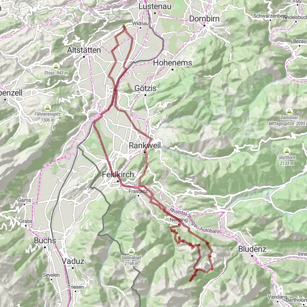 Miniatua del mapa de inspiración ciclista "Gran ruta de ciclismo de grava Kadel-Frastanz" en Ostschweiz, Switzerland. Generado por Tarmacs.app planificador de rutas ciclistas