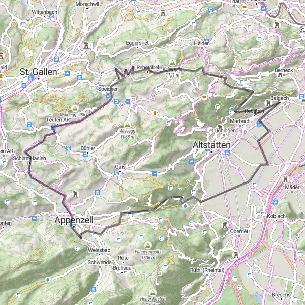 Map miniature of "The Towering Peaks" cycling inspiration in Ostschweiz, Switzerland. Generated by Tarmacs.app cycling route planner