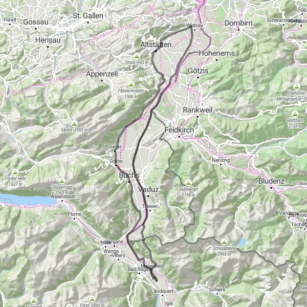 Karten-Miniaturansicht der Radinspiration "Herausfordernde Tour von Rebstein nach Widnau" in Ostschweiz, Switzerland. Erstellt vom Tarmacs.app-Routenplaner für Radtouren