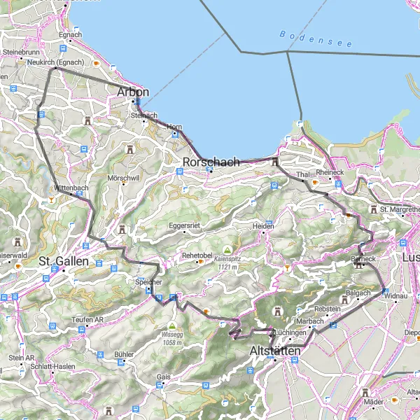 Zemljevid v pomanjšavi "Challenging Road Ride with Scenic Views" kolesarske inspiracije v Ostschweiz, Switzerland. Generirano z načrtovalcem kolesarskih poti Tarmacs.app