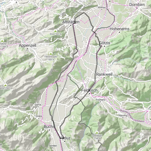 Map miniature of "Road Cycling Extravaganza" cycling inspiration in Ostschweiz, Switzerland. Generated by Tarmacs.app cycling route planner