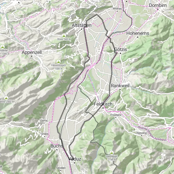 Karttaminiaatyyri "Maantie Pyöräily Kohti Ardetzenbergiä" pyöräilyinspiraatiosta alueella Ostschweiz, Switzerland. Luotu Tarmacs.app pyöräilyreittisuunnittelijalla