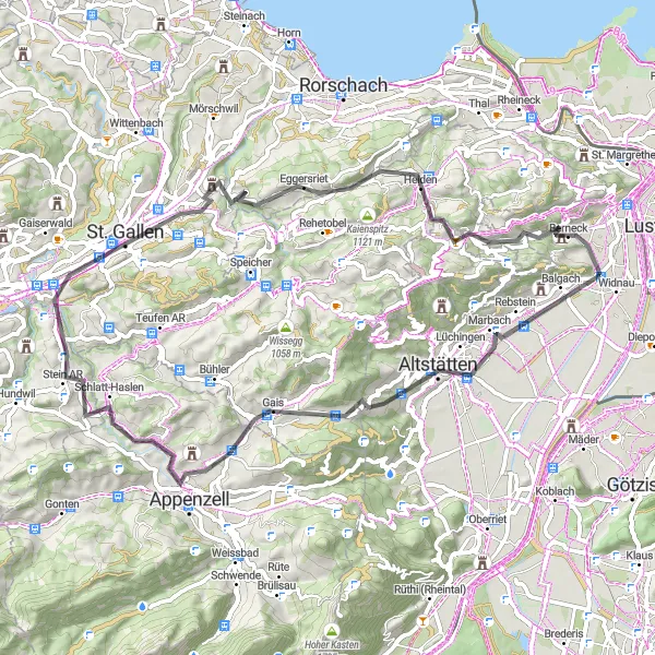 Map miniature of "Overcoming the Peaks" cycling inspiration in Ostschweiz, Switzerland. Generated by Tarmacs.app cycling route planner