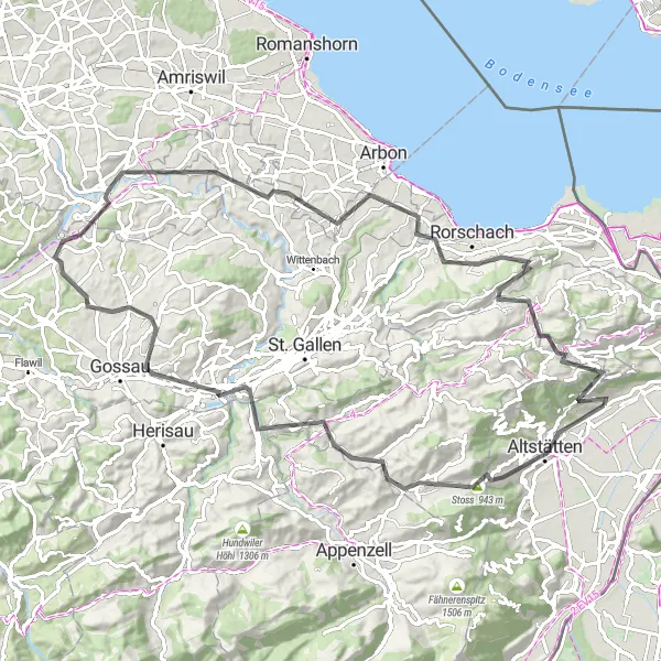 Miniatura della mappa di ispirazione al ciclismo "Itinerario emozionante tra Altstätten e Heiden" nella regione di Ostschweiz, Switzerland. Generata da Tarmacs.app, pianificatore di rotte ciclistiche