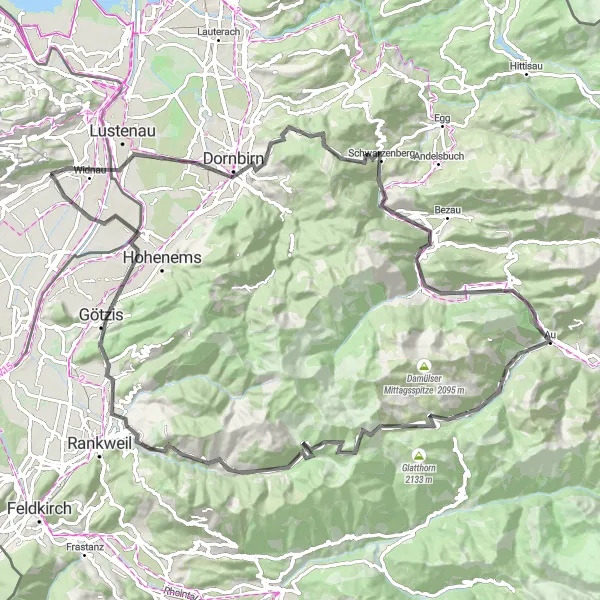 Miniatura della mappa di ispirazione al ciclismo "Avventuroso giro in bici tra Widnau e Diepoldsau" nella regione di Ostschweiz, Switzerland. Generata da Tarmacs.app, pianificatore di rotte ciclistiche