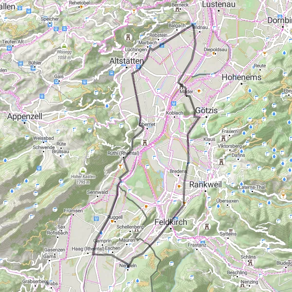 Karten-Miniaturansicht der Radinspiration "Rund um Kummenberg und Feldkirch" in Ostschweiz, Switzerland. Erstellt vom Tarmacs.app-Routenplaner für Radtouren