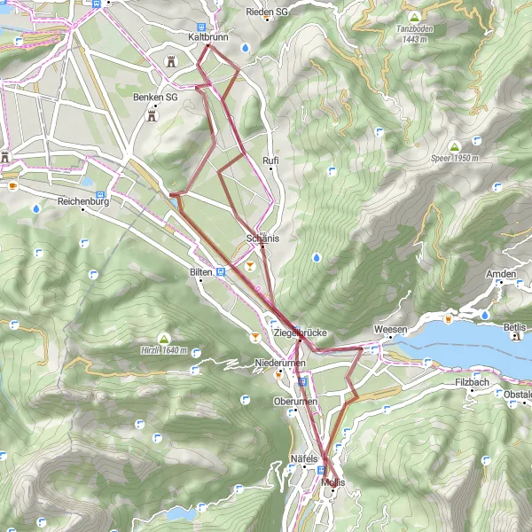Karttaminiaatyyri "Kaltbrunn - Mollis - Ziegelbrücke" pyöräilyinspiraatiosta alueella Ostschweiz, Switzerland. Luotu Tarmacs.app pyöräilyreittisuunnittelijalla