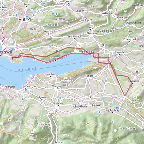 Miniaturní mapa "Gravelový výlet kolem jezera Obersee" inspirace pro cyklisty v oblasti Ostschweiz, Switzerland. Vytvořeno pomocí plánovače tras Tarmacs.app