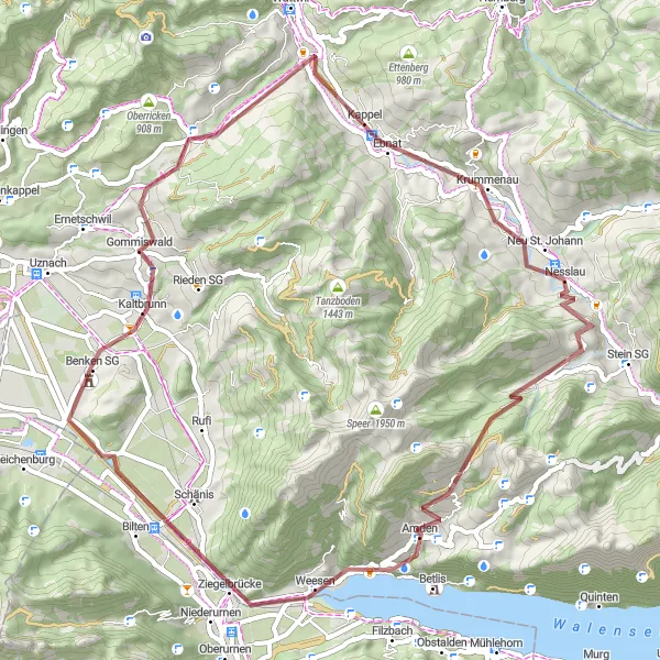 Karttaminiaatyyri "Kaltbrunn - Weesen - Benkner Büchel - Burgstelle Wandelberg" pyöräilyinspiraatiosta alueella Ostschweiz, Switzerland. Luotu Tarmacs.app pyöräilyreittisuunnittelijalla