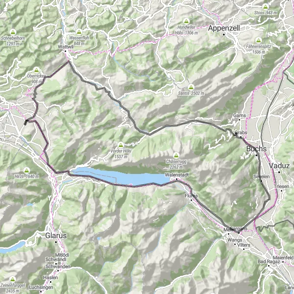 Map miniature of "Challenging Road Cycling Route" cycling inspiration in Ostschweiz, Switzerland. Generated by Tarmacs.app cycling route planner