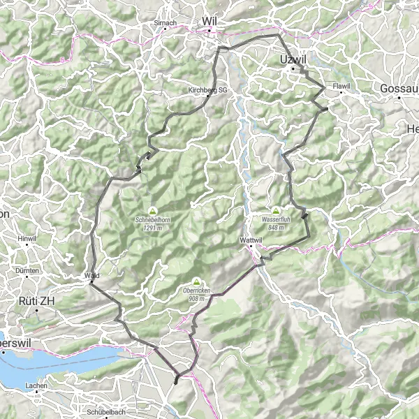 Miniaturekort af cykelinspirationen "Landevejscykling eventyr nær Benken" i Ostschweiz, Switzerland. Genereret af Tarmacs.app cykelruteplanlægger