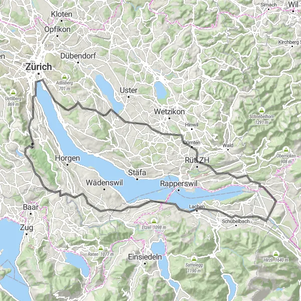 Miniature de la carte de l'inspiration cycliste "Tour de Zurich et ses environs" dans la Ostschweiz, Switzerland. Générée par le planificateur d'itinéraire cycliste Tarmacs.app