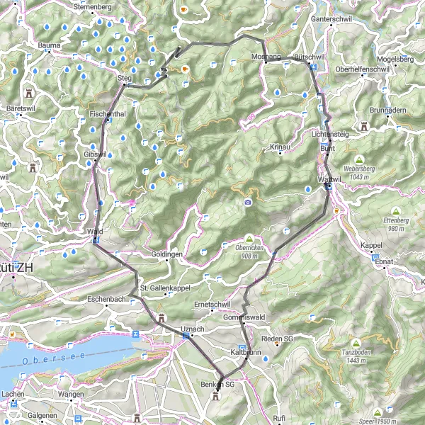 Miniaturní mapa "Cyklotrasa přes malebné krajiny Mosnangu" inspirace pro cyklisty v oblasti Ostschweiz, Switzerland. Vytvořeno pomocí plánovače tras Tarmacs.app