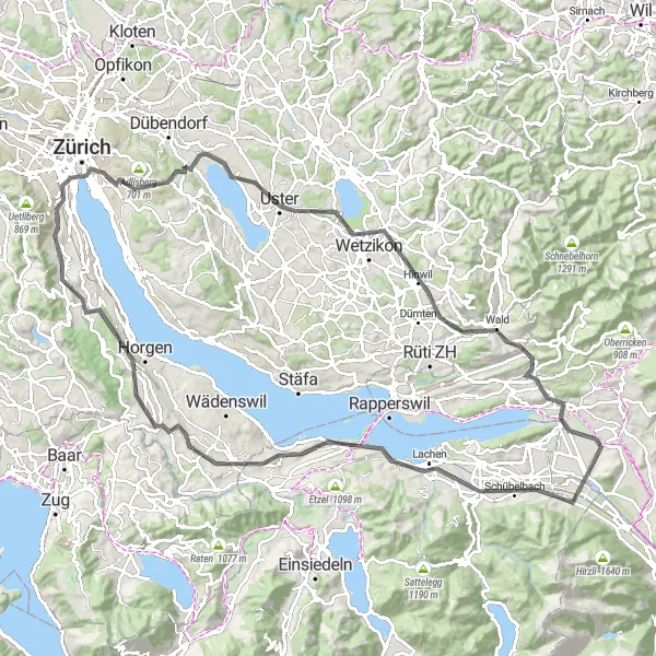 Miniature de la carte de l'inspiration cycliste "Boucle pittoresque de Zurich vers Wetzikon" dans la Ostschweiz, Switzerland. Générée par le planificateur d'itinéraire cycliste Tarmacs.app