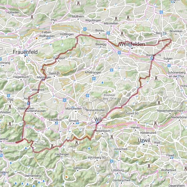 Miniatua del mapa de inspiración ciclista "Ruta de Aventura en Grava por Bürglen TG a Weinfelden" en Ostschweiz, Switzerland. Generado por Tarmacs.app planificador de rutas ciclistas