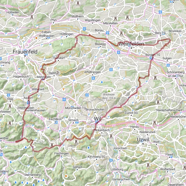 Kartminiatyr av "Utmanande terräng genom kullar och dalar" cykelinspiration i Ostschweiz, Switzerland. Genererad av Tarmacs.app cykelruttplanerare