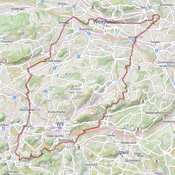 Karten-Miniaturansicht der Radinspiration "Berg-Schönholzerswilen-Nollen-Rickenbach-Ebnet-Münchwilen TG-Junkholz-Weinfelden-Andhausen" in Ostschweiz, Switzerland. Erstellt vom Tarmacs.app-Routenplaner für Radtouren